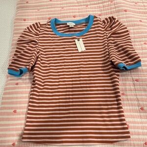 Anthropologie Maeve Brown and Pink Striped Top with Blue Trim